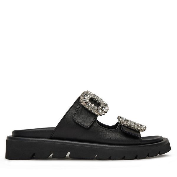 Klapki Eva Minge. Czarne klapki damskie Eva Minge, bez wzorów, bez obcasa, bez zapięcia. Za 303.99 zł.