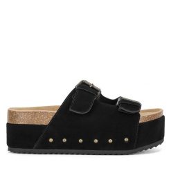 Klapki Badura. Czarne klapki damskie Badura, bez wzorów, bez obcasa, bez zapięcia. Za 229.99 zł.