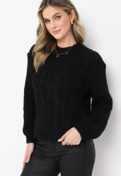 Czarny Sweter w Ozdobny Splot Rulda. Czarne swetry nierozpinane damskie Born2be, m, bez wzorów, z dzianiny, klasyczne, bez kołnierzyka, bez ramiączek. Za 74.99 zł.