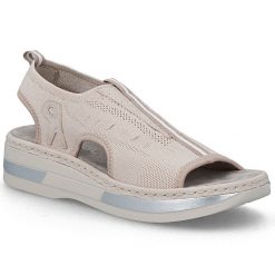 Sandały damskie na platformie wsuwane różowe Rieker V59B5-31. Czerwone sandały damskie Rieker, bez wzorów, z tkaniny, bez obcasa, na platformie, bez zapięcia. Za 319.00 zł.