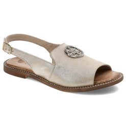 Złote Sandały Armodo Eleganckie Obuwie Damskie. Żółte sandały damskie Armodo, z aplikacjami, ze skóry, bez obcasa, bez zapięcia. Za 289.00 zł.