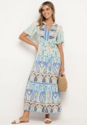 Niebieska Wiskozowa Sukienka Boho Zapinana na Guziki z Materiałowym Paskiem w Talii Dimovana. Niebieskie sukienki damskie Born2be, na co dzień, l, z aplikacjami, z materiału, boho, bez kołnierzyka, bez ramiączek, maxi, proste. Za 89.99 zł.