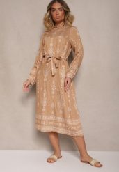 Beżowa Pudełkowa Sukienka Boho w Etniczne Wzory z Paskiem Lisalenea. Brązowe sukienki damskie Renee, na co dzień, na lato, s, bez wzorów, boho, bez kołnierzyka, bez ramiączek, midi. Za 89.99 zł.
