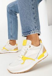 Biało-Żółte Sneakersy z Cholewką przed Kostkę i Ozdobnymi Przeszyciami Elsinaine. Białe obuwie sportowe damskie Born2be, bez wzorów, bez zapięcia. Za 84.99 zł.