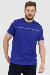 ARMANI EXCHANGE Niebieski t-shirt męski z paskiem z logo. Niebieskie t-shirty męskie Armani Exchange, l, bez wzorów, prążkowane, bez kołnierzyka, bez ramiączek. W wyprzedaży za 169.99 zł.
