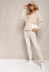 Jasnobeżowy Welurowy Komplet Dresowy Bluza z Kapturem i Proste Spodnie Arislo. Brązowe bluzy damskie Renee, l, bez wzorów, z dresówki, bez ramiączek, z kapturem. Za 74.99 zł.