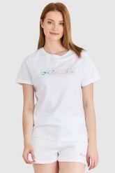 GUESS Biały t-shirt damski z kolorowym logo. Białe t-shirty damskie Guess, s, z aplikacjami, z bawełny, bez kołnierzyka, bez ramiączek. W wyprzedaży za 129.99 zł.