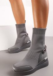 Szare Botki na Koturnie ze Skarpetkową Cholewką Inseta. Szare botki damskie Renee, bez wzorów, bez obcasa, na koturnie, bez zapięcia. Za 49.99 zł.
