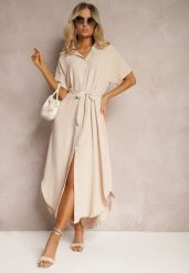 Beżowa Koszulowa Sukienka z Wiskozy z Materiałowym Paskiem w Talii Gialara. Brązowe sukienki damskie Renee, na co dzień, l, bez wzorów, z materiału, eleganckie, bez kołnierzyka, bez ramiączek, maxi, koszulowe. Za 79.99 zł.