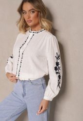 Biało-Niebieska Koszula z Bawełny z Okrągłym Dekoltem i Haftowanym Zdobieniem Gonadiel. Białe koszule damskie Renee, l, z aplikacjami, z bawełny, eleganckie, bez kołnierzyka, bez ramiączek. Za 74.99 zł.