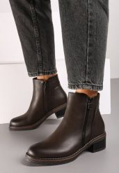 Brązowe Botki na Słupku w Stylu Sztybletów z Ozdobnym Suwakiem Verinorie. Brązowe botki damskie Renee, bez wzorów, z dzianiny, eleganckie, z okrągłym noskiem, bez obcasa, na obcasie, bez zapięcia. Za 129.99 zł.