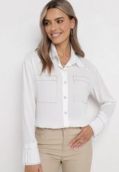 Biała Koszula z Ozdobnym Kołnierzem Jenevieve. Białe koszule damskie Born2be, m, bez wzorów, eleganckie, bez kołnierzyka, bez ramiączek. Za 64.99 zł.