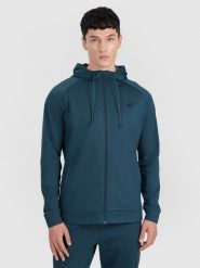 4F Bluza treningowa regular szybkoschnąca męska - granatowa L. Niebieskie bluzy sportowe męskie 4F, l, bez wzorów, z dzianiny, z kapturem, na fitness i siłownię. Za 199.99 zł.
