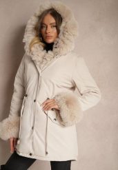 Jasnobeżowa Kurtka Parka z Futerkiem i Szerokim Kapturem Florion. Brązowe kurtki damskie Renee, na zimę, l, z aplikacjami, z futra. Za 179.99 zł.