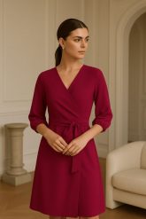 Sukienka elegancka kopertowa z bufiastymi rękawami śliwka. Sukienki damskie Sukienki.shop, do pracy, l, bez wzorów, biznesowe, bez kołnierzyka, bez ramiączek, kopertowe. W wyprzedaży za 244.00 zł.