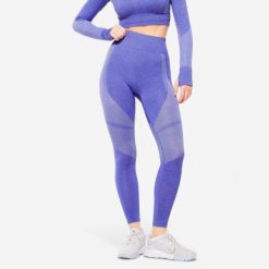 Legginsy fitness damskie Domyos FTI 900. Niebieskie legginsy damskie DOMYOS, l, bez wzorów, z elastanu, z podwyższonym stanem, długie, na fitness i siłownię. Za 79.99 zł.