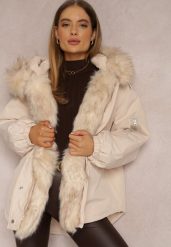 Beżowa Kurtka Parka Oversize z Futerkiem Horelle. Brązowe kurtki damskie Renee, na zimę, l, z aplikacjami, z tkaniny, bez kaptura. Za 369.99 zł.