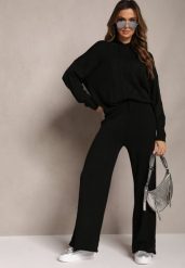 Czarny Komplet z Dzianiny Oversizowa Bluza z Kapturem i Spodnie z Szerokimi Nogawkami Mathuva. Czarne bluzy damskie Renee, bez wzorów, z dzianiny, bez ramiączek, z kapturem. Za 129.99 zł.