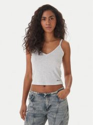 Guess Jeans Top W6GPB5 KG372 Szary Regular Fit. Szare topy damskie Guess Jeans, l, z aplikacjami, z jeansu, bez kołnierzyka, bez ramiączek. Za 129.99 zł.