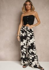Czarne Szerokie Spodnie z Wiskozy High Waist w Kwiatowy Wzór Elaneora. Czarne spodnie materiałowe damskie Renee, bez wzorów, z jeansu, eleganckie, z podwyższonym stanem. Za 39.99 zł.