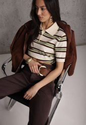 Zielono-Kremowy T-shirt Polo z Wiskozą w Paski z Guzikami Vevevia. Zielone koszulki sportowe damskie Renee, m, bez wzorów, z jeansu, bez ramiączek. Za 99.99 zł.