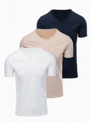 Zestaw bawełnianych męskich koszulek V-neck BASIC – biały/piaskowy/granatowy V12 - Rozmiar: XL. Szare t-shirty męskie Ombre Clothing, m, bez wzorów, z bawełny, bez kołnierzyka, bez ramiączek. W wyprzedaży za 118.99 zł.