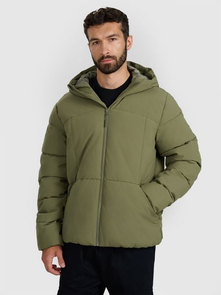 4F Kurtka puchowa z wypełnieniem syntetycznym męska - oliwkowa/khaki M. Brązowe kurtki męskie 4F, na zimę, m, bez wzorów, z dzianiny, klasyczne, z kapturem. Za 399.99 zł.