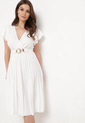 Biała Rozkloszowana Sukienka Midi z Kopertową Górą i Plisowanym Dołem Alissu. Białe sukienki damskie Born2be, l, bez wzorów, eleganckie, bez kołnierzyka, bez ramiączek, midi, kopertowe. Za 44.99 zł.