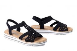RIEKER V0646-00 black, sandały damskie. Czarne sandały damskie Rieker, bez wzorów, bez obcasa, bez zapięcia. Za 319.90 zł.
