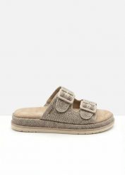 Klapki Tom Tailor na platformie o wyglądzie szydełkowanym. Brązowe klapki damskie bonprix, bez wzorów, eleganckie, bez obcasa, na platformie, bez zapięcia. Za 209.99 zł.