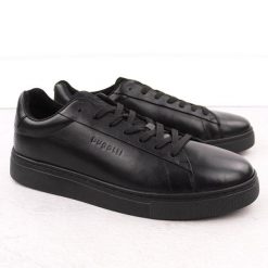 Skórzane trampki męskie casual czarne Bugatti OO153122. Czarne buty sportowe męskie Bugatti, bez wzorów, z materiału, casualowe, bez zapięcia. Za 260.00 zł.