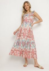 Różowa Rozkloszowana Sukienka z Wiskozą Wiązana na Plecach w Print Boho Turielia. Czerwone sukienki damskie Born2be, na spacer, na lato, l, bez wzorów, z wiskozy, boho, bez kołnierzyka, bez ramiączek, maxi, rozkloszowane. Za 64.99 zł.