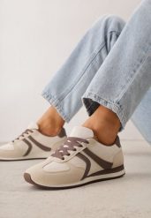 Beżowe Sneakersy Sportowe z Imitacji Zamszu z Geometrycznymi Wstawkami Shanoom. Brązowe obuwie sportowe damskie Born2be, bez wzorów, z dzianiny, bez zapięcia. Za 119.99 zł.