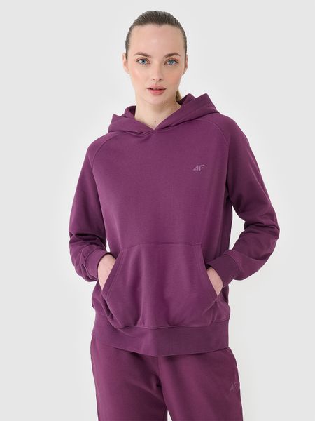 4F Bluza dresowa nierozpinana z kapturem damska - fioletowa S. Fioletowe bluzy damskie 4F, s, bez wzorów, z bawełny, sportowe, bez ramiączek, z kapturem. Za 149.99 zł.
