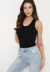 Czarny Top z Modalem i Wiskozą Sanilatia. Czarne topy damskie Born2be, m, bez wzorów, z jeansu, eleganckie, bez kołnierzyka, bez ramiączek. Za 84.99 zł.