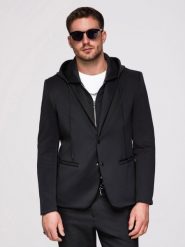 Marynarka męska z kapturem z aplikacją smoka na plecach - czarna V1 - Rozmiar: XL. Czarne garnitury męskie Ombre Clothing, m, z aplikacjami, z dzianiny, biznesowe, bez kołnierzyka, bez ramiączek. W wyprzedaży za 594.99 zł.