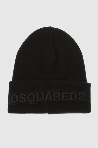 DSQUARED2 Czarna wełniana czapka z haftowanym logo. Czarne czapki męskie Dsquared2, bez wzorów, z wełny. W wyprzedaży za 855.99 zł.