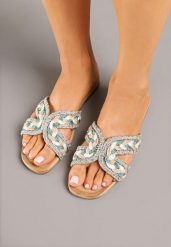 Zielono-Beżowe Klapki z Plecionką w Stylu Boho Felmirella. Zielone klapki damskie Born2be, bez wzorów, z jeansu, boho, bez obcasa, na płaskiej podeszwie, bez zapięcia. Za 69.99 zł.