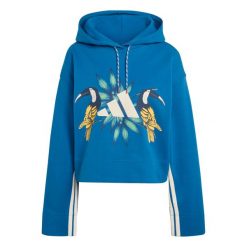 Bluza damska adidas x Farm Rio. Niebieskie bluzy damskie Adidas, s, bez wzorów, z bawełny, eleganckie, bez ramiączek, z kapturem. Za 297.75 zł.
