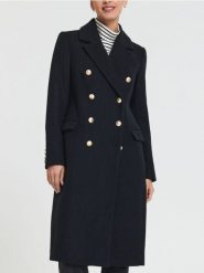 Płaszcz dwurzędowy - granatowy. Niebieskie płaszcze damskie Sinsay, l, bez wzorów, eleganckie, bez kołnierzyka, bez kaptura. Za 149.99 zł.