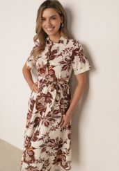 Brązowa Koszulowa Sukienka z Bawełnianej Tkaniny z Haftem w Rośliny Wzór Karicea. Brązowe sukienki damskie Born2be, na co dzień, l, bez wzorów, z bawełny, boho, bez kołnierzyka, bez ramiączek, midi, dopasowane. Za 109.99 zł.