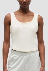 GUESS Kremowy damski tank top Circe, Rozmiar L. Brązowe topy damskie Guess, l, z aplikacjami, prążkowane, bez kołnierzyka, bez ramiączek. W wyprzedaży za 179.99 zł.