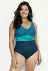 Damski Strój kąpielowy złota lamówka miękkie miseczki dekolt w serek. Niebieskie stroje kąpielowe damskie Ulla Popken, plus size, bez wzorów, z elastanu. Za 191.99 zł.