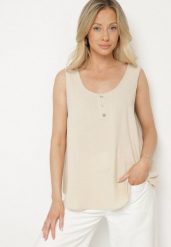 Beżowy Top na Szerokich Ramiączkach Zdobiony Guzikami Jenadorea. Brązowe topy damskie Born2be, xl, z aplikacjami, z jeansu, bez kołnierzyka, bez ramiączek. Za 29.99 zł.