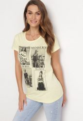 Żółty Bawełniany T-shirt z Nadrukiem i Brokatem Kruita. Żółte t-shirty damskie Born2be, l, bez wzorów, z bawełny, bez kołnierzyka, bez ramiączek. Za 49.99 zł.