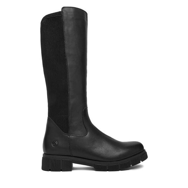 Kozaki Remonte. Czarne kozaki damskie Remonte, bez wzorów, bez obcasa, na płaskiej podeszwie, bez zapięcia. Za 389.99 zł.