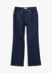 Jeansy straight, mid waist, zdobione kryształkami. Niebieskie jeansy damskie bonprix, z aplikacjami, z denimu. Za 159.99 zł.