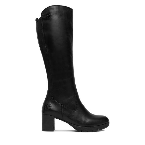 Kozaki Rieker. Czarne kozaki damskie Rieker, bez wzorów, bez obcasa, na słupku, bez zapięcia. Za 559.99 zł.