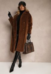 Brązowy Dwurzędowy Płaszcz z Futerkiem Zelirra. Brązowe płaszcze damskie Renee, xl, bez wzorów, z dzianiny, eleganckie, bez kołnierzyka, bez kaptura. Za 119.99 zł.
