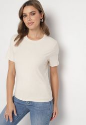 Beżowy Wiskozowy T-shirt w Klasycznym Stylu Arivoria. Brązowe t-shirty damskie Born2be, m, z aplikacjami, z jeansu, klasyczne, bez kołnierzyka, bez ramiączek. Za 44.99 zł.